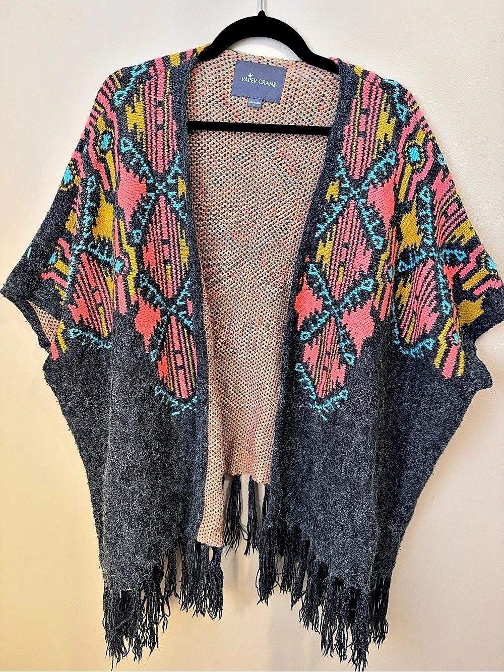 PAPER CRANE Women's Oversized Poncho Cardigan AZTEC Southwestern Fringe LARGE